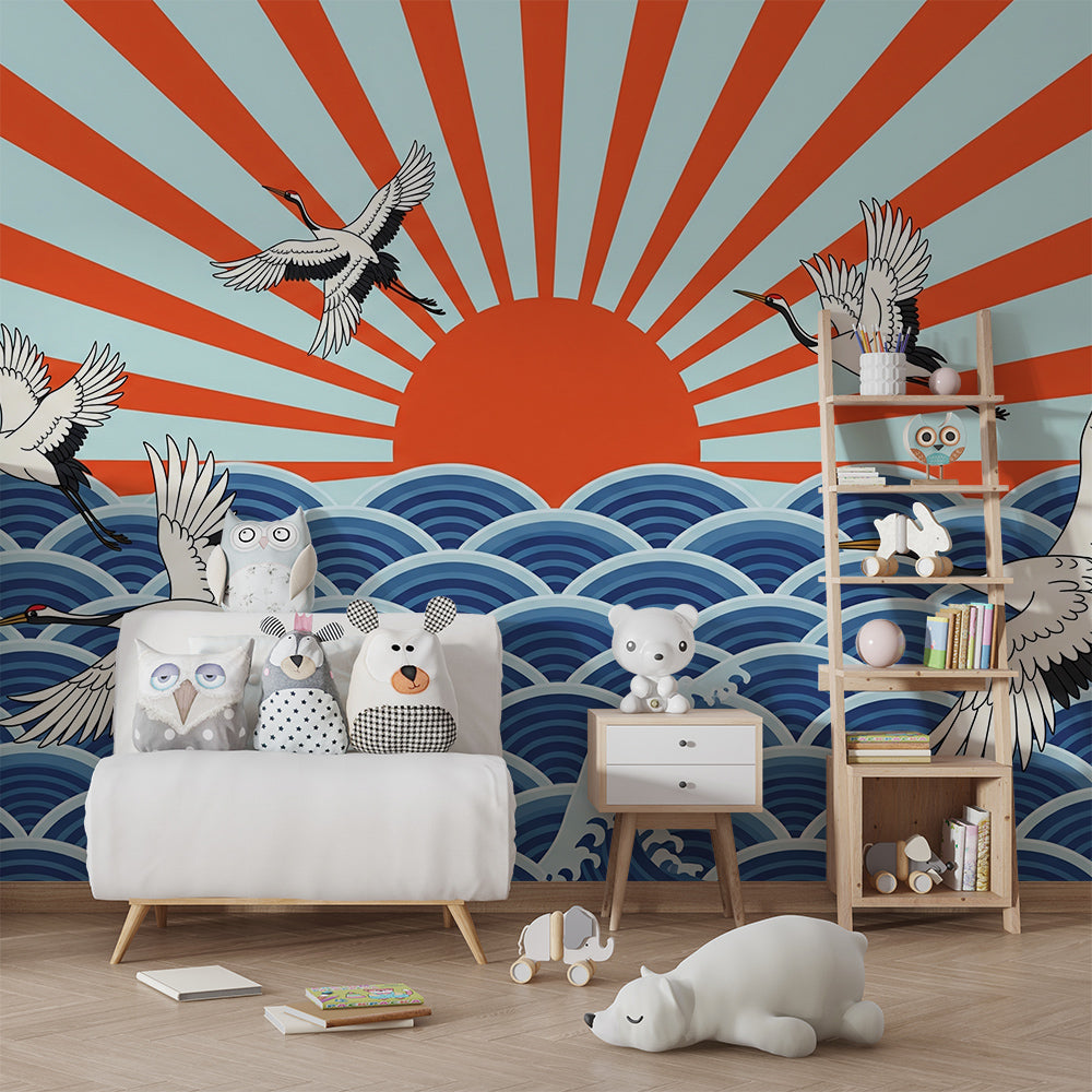 Kids-Mundo Japanese crane wall mural bringing sunrise colour to a playroom feature wall