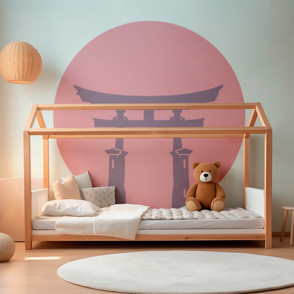 Kids-Mundo Japanese torii gate wall mural covering a feature wall in a bright kids bedroom