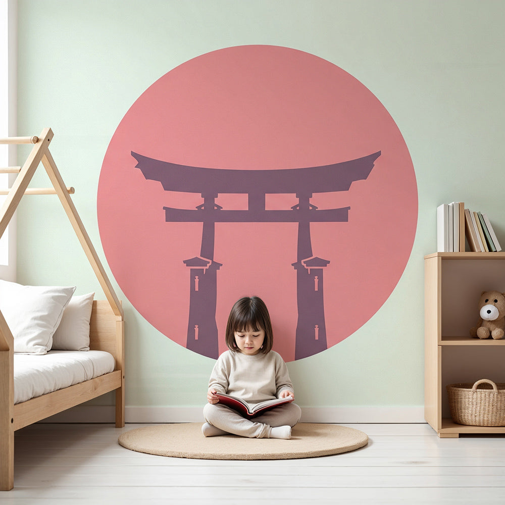 Kids-Mundo torii gate silhouette wall mural styled in a calm pastel nursery with soft furnishings