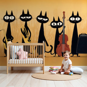 Jazz cat mural wallpaper in modern kids bedroom with musical feline orchestra by Kids-Mundo