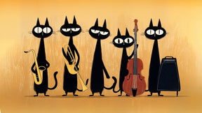 Jazz cat mural wallpaper design pattern showing musical feline orchestra detail by Kids-Mundo