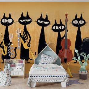 Jazz cat themed mural wallpaper transforming children's playroom with musical animal design
