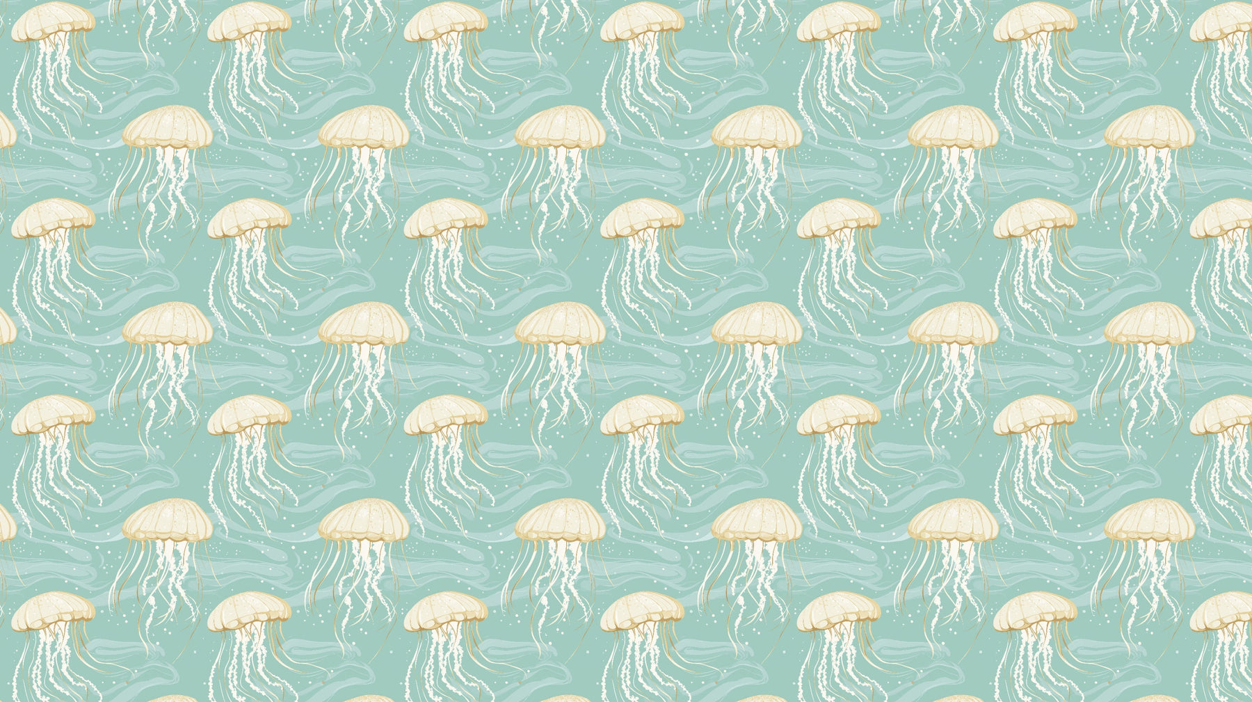 Detailed jellyfish and ocean waves mural wallpaper design pattern with turquoise marine theme by Kids-Mundo