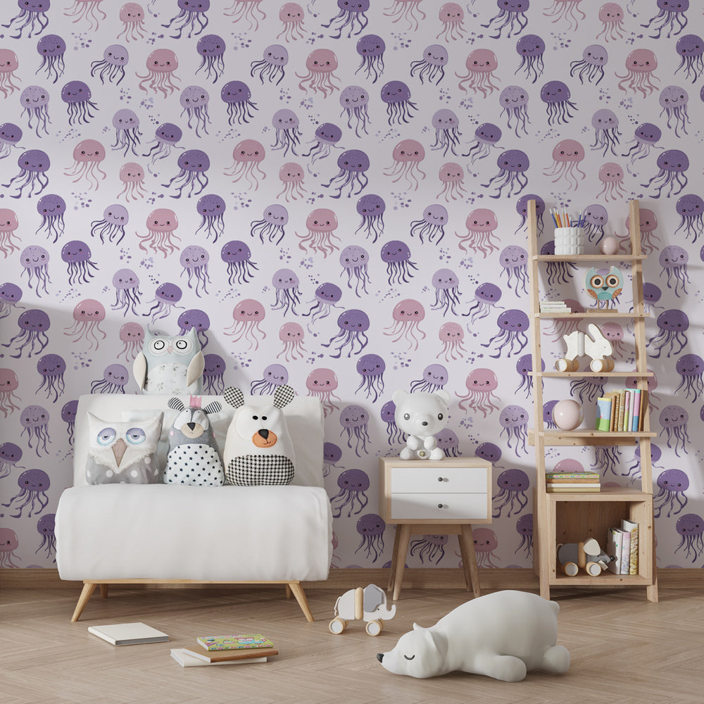 Smiling jellyfish mural wallpaper transforming kids room into enchanting marine sanctuary