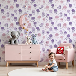Purple and pink jellyfish mural wallpaper in modern nursery with ocean theme decor by Kids-Mundo