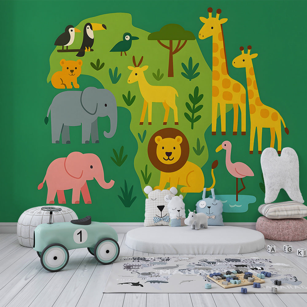Kids-Mundo African animals map wall mural on a feature wall in a kids bedroom