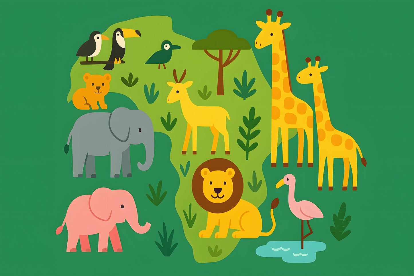 Kids-Mundo flat artwork of joyful African animals arranged across a map of Africa