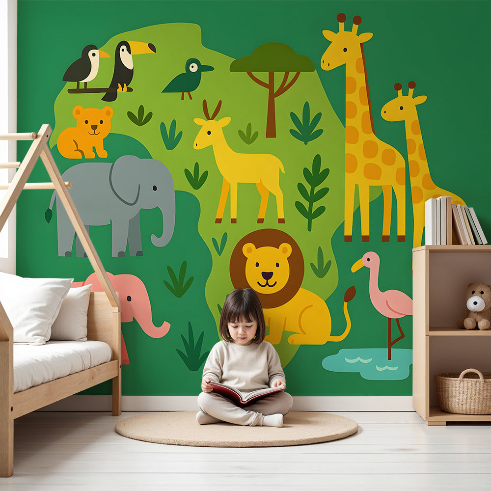 Kids-Mundo joyful African animals map wall mural styled in a bright nursery room