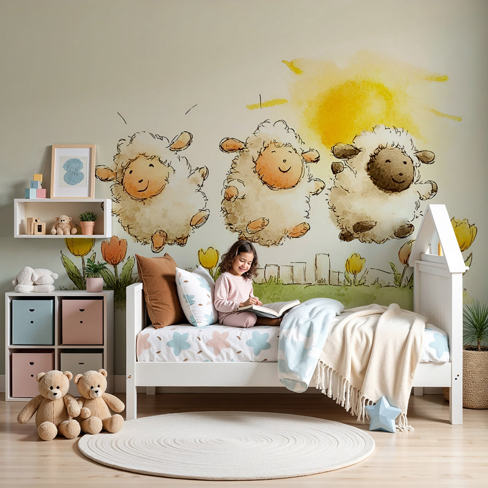 Kids-Mundo jumping sheep wall mural in a sunny nursery with a cot and tulip cushions