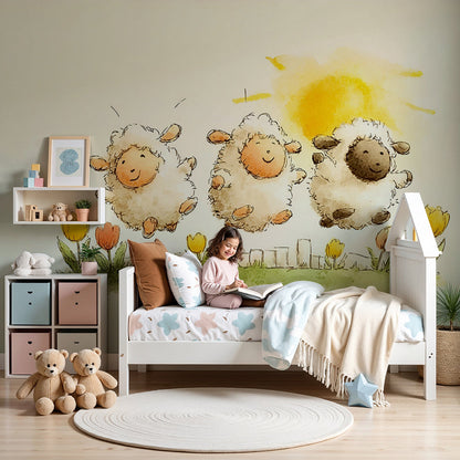 Kids-Mundo jumping sheep wall mural in a sunny nursery with a cot and tulip cushions