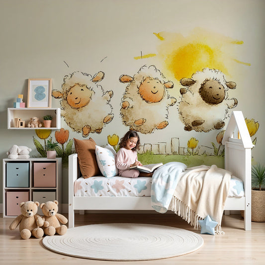 Kids-Mundo jumping sheep wall mural in a sunny nursery with a cot and tulip cushions