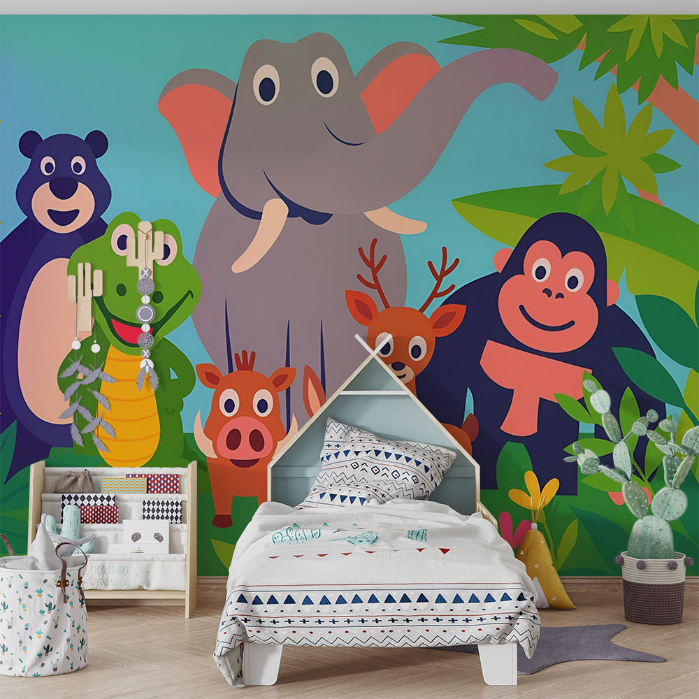Kids-Mundo jungle animal wall mural shown in a lively kids' bedroom setting.