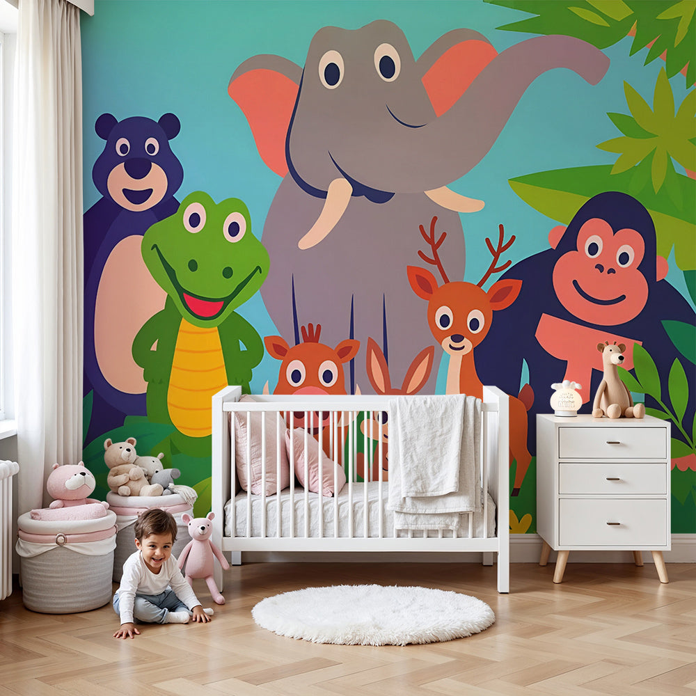 Kids-Mundo jungle animal friends wall mural styled in a bright, colourful nursery.
