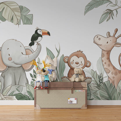 Kids-Mundo elephant, monkey and giraffe wall mural covering a kids' bedroom feature wall
