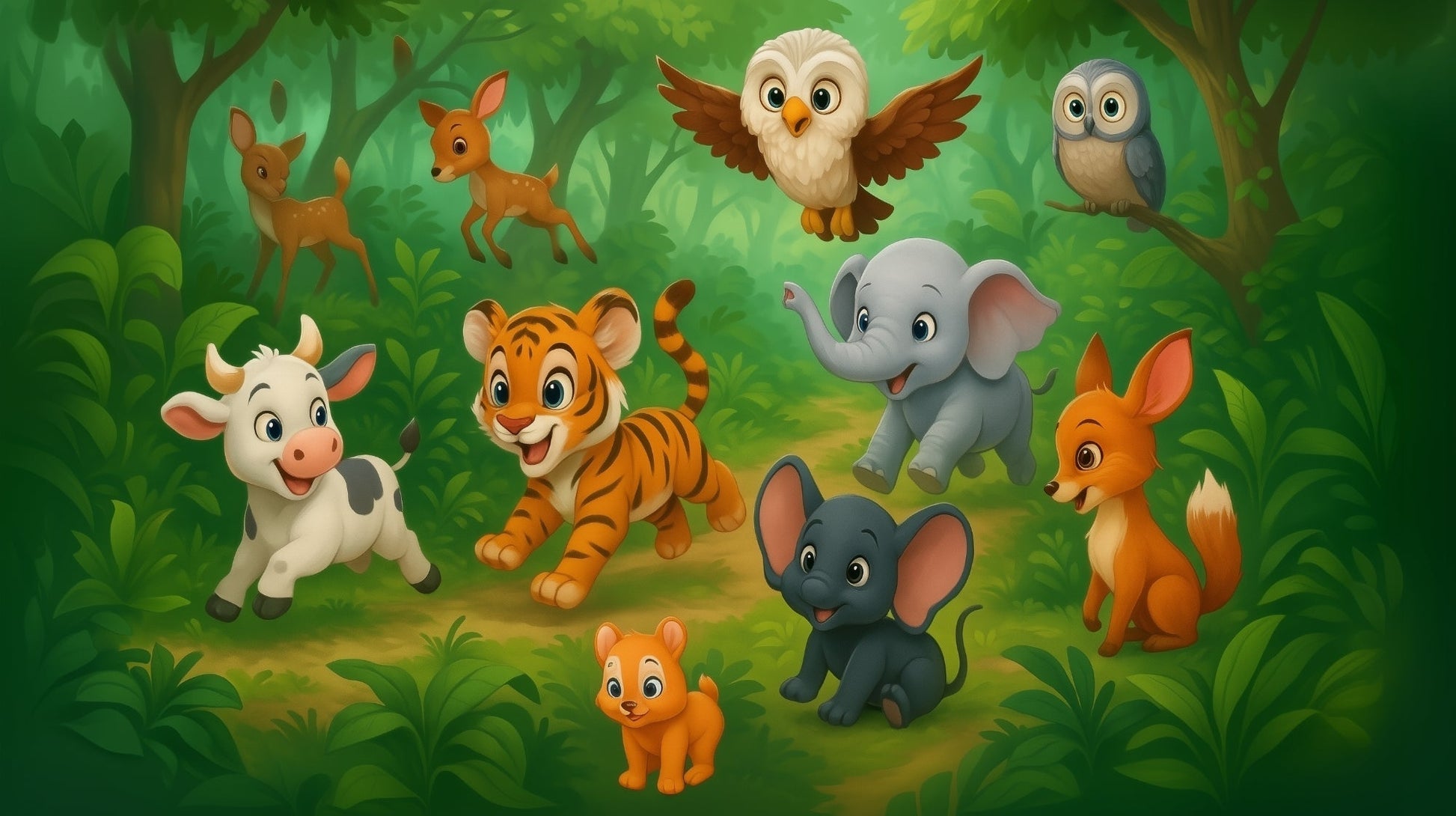 Kids-Mundo cartoon illustration of tiger, elephant and jungle animal friends mural artwork