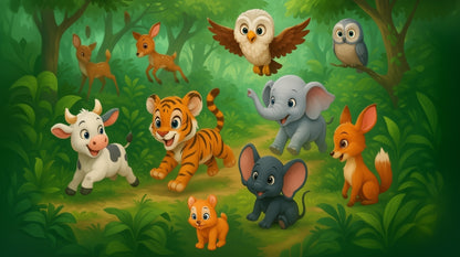 Kids-Mundo cartoon illustration of tiger, elephant and jungle animal friends mural artwork