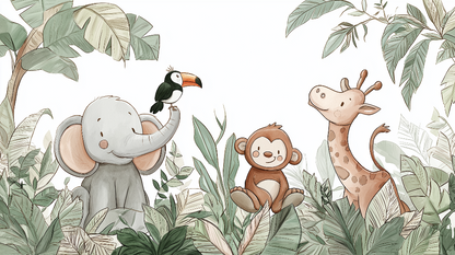 Kids-Mundo flat artwork of a watercolour elephant, monkey, giraffe and toucan among jungle leaves
