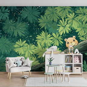 Tropical animal wallpaper creating adventure-themed children's bedroom with lush foliage