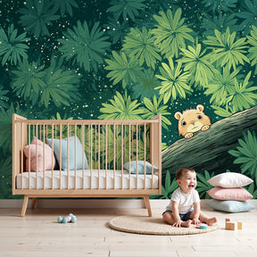 Jungle animal mural wallpaper with curious creature in tropical nursery by Kids-Mundo
