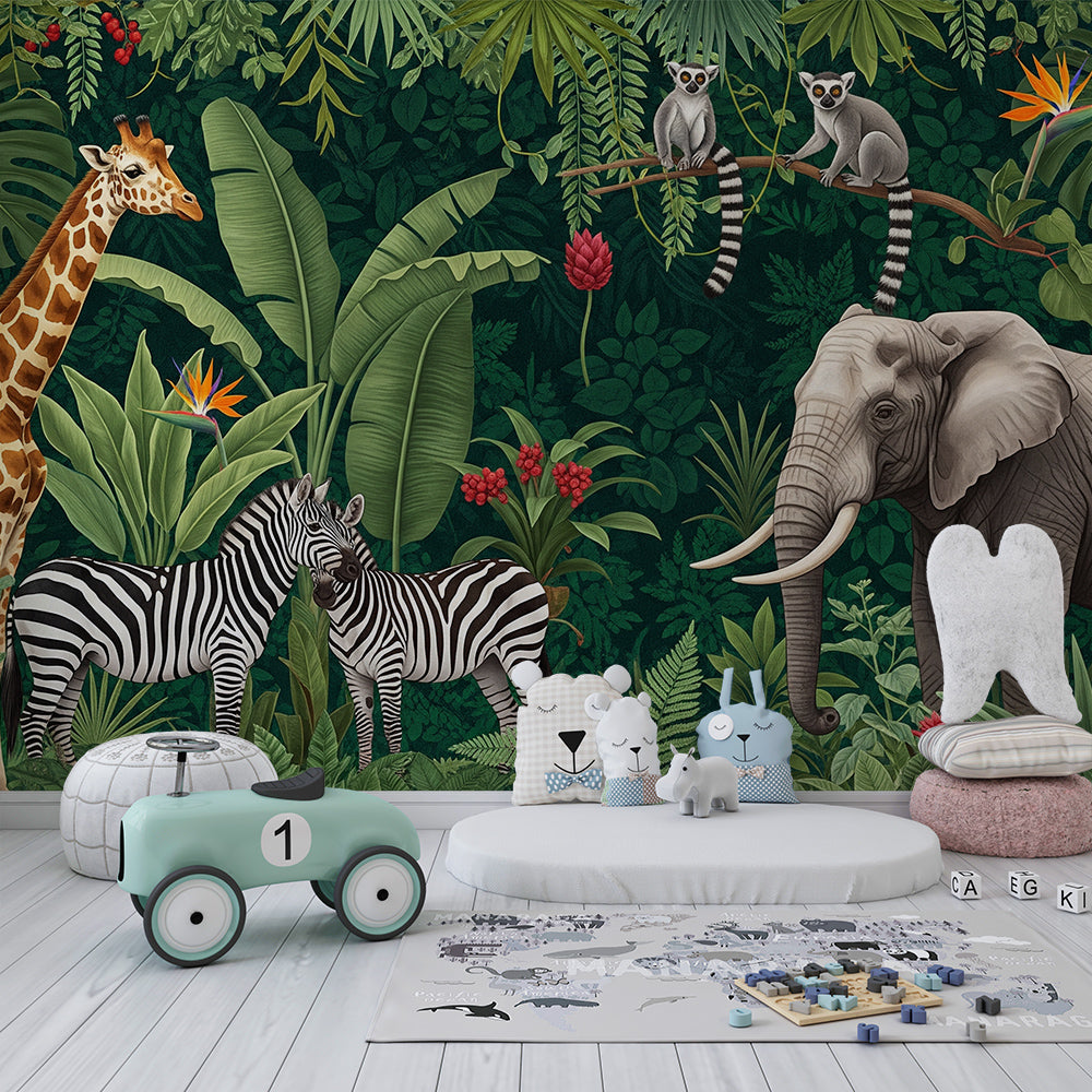 Kids-Mundo jungle animals and lemurs mural brightening a kids' bedroom wall