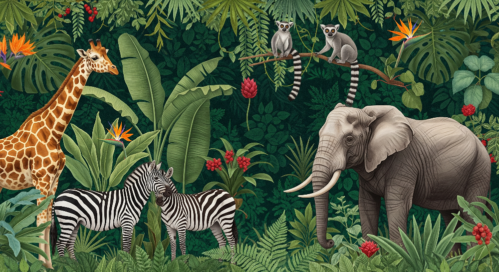 Lush Jungle Animals and Lemurs Wall Mural