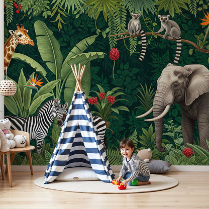 Kids-Mundo lush jungle wall mural with giraffe, zebras and elephant in a nursery