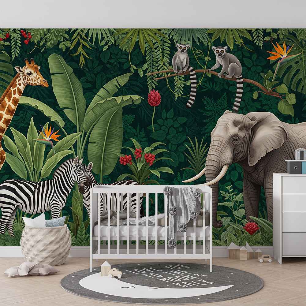 Kids-Mundo lemur and jungle animals wall mural adding colour to a playroom