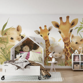 Safari nursery wallpaper creating peaceful baby room with pastel jungle animals and foliage