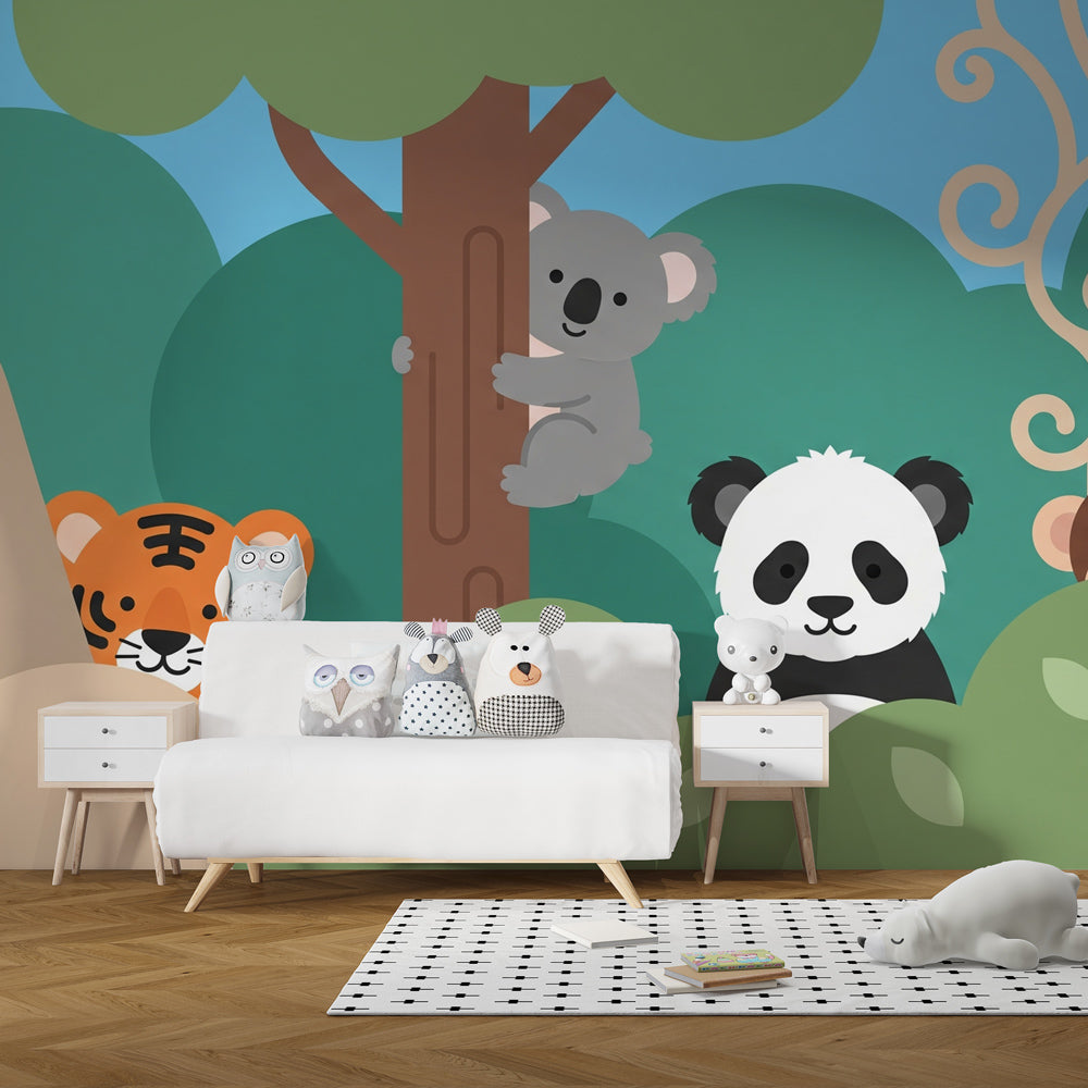Safari themed jungle wallpaper creating playful atmosphere in baby bedroom decor