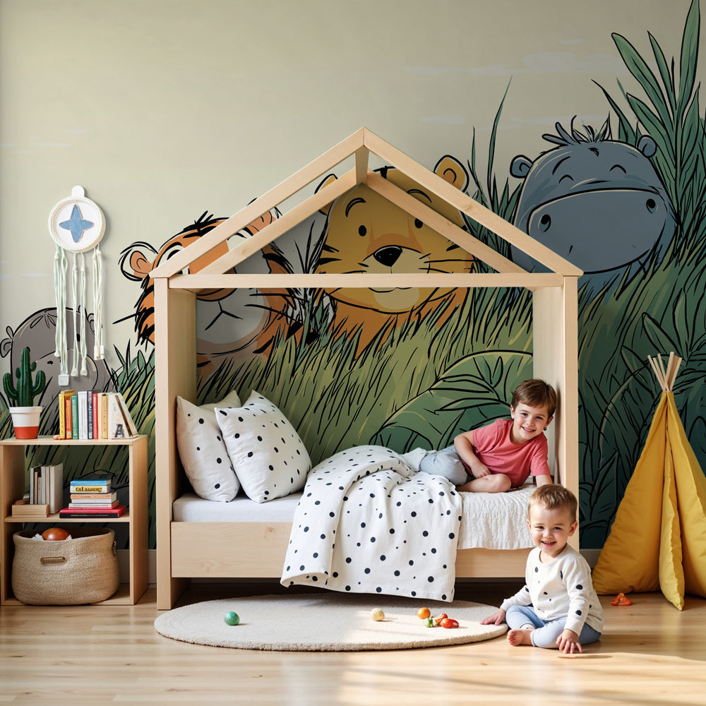 Jungle animals mural wallpaper with tigers and hippo in modern kids bedroom by Kids-Mundo