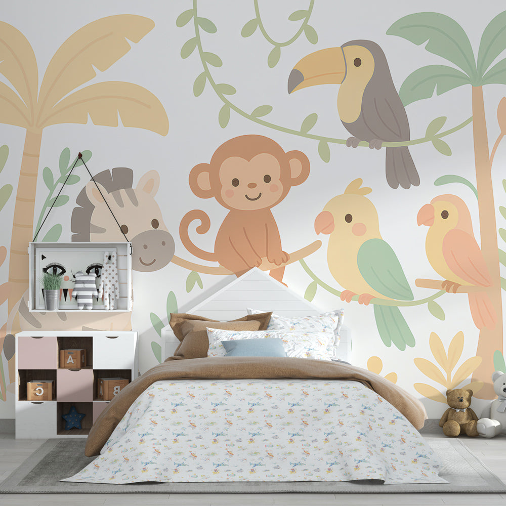 Tropical safari wallpaper creating adventurous kids bedroom decor with colorful animal characters