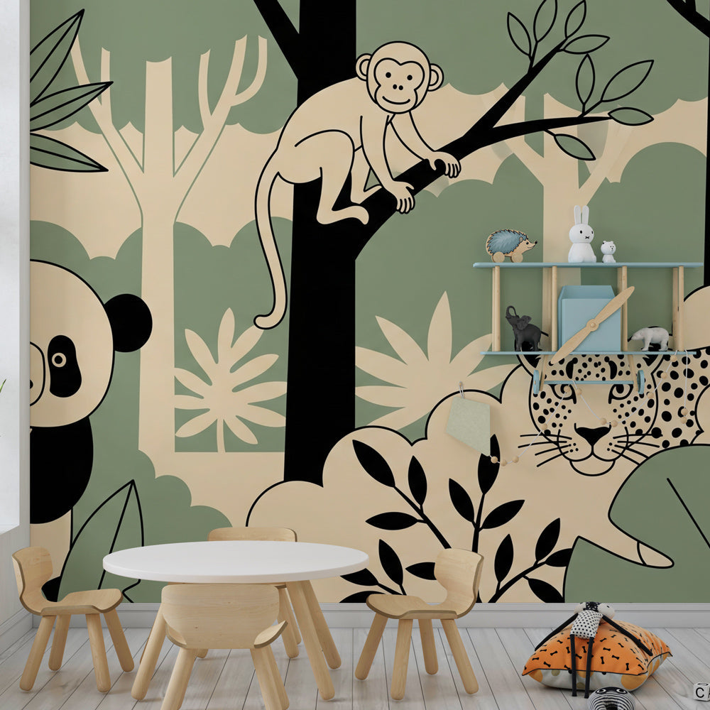 Tropical safari wallpaper creating adventure-themed kids bedroom with natural decor