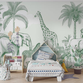 Monochrome safari wallpaper creating adventurous kids bedroom with tropical animal theme