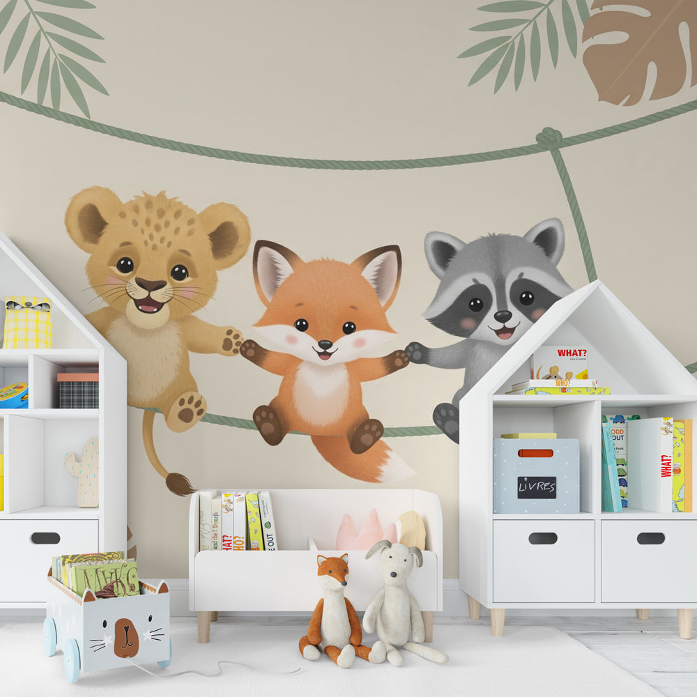 Safari themed children's bedroom featuring jungle animals wallpaper with tropical leaves