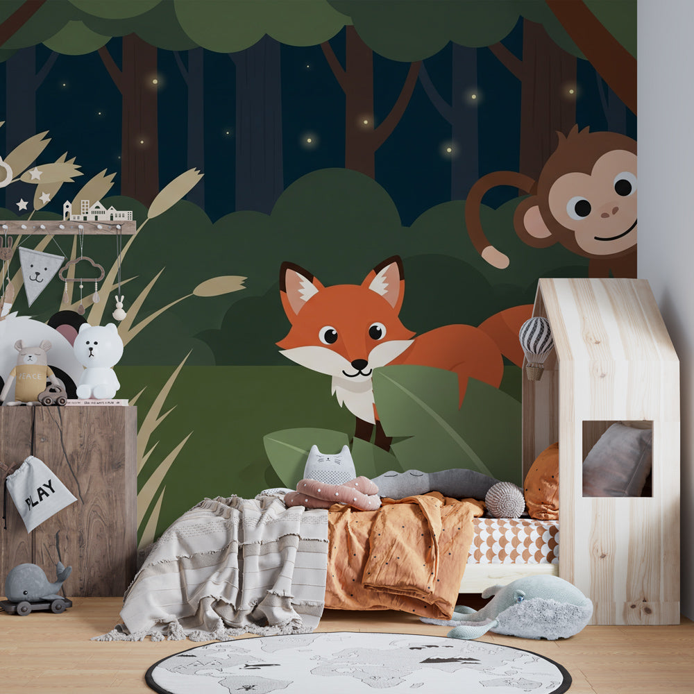 Safari animal wallpaper creating tropical adventure atmosphere in kids bedroom decor