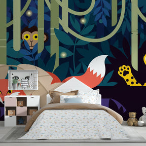 Fox and leopard jungle wallpaper creating adventurous atmosphere in kids bedroom decor