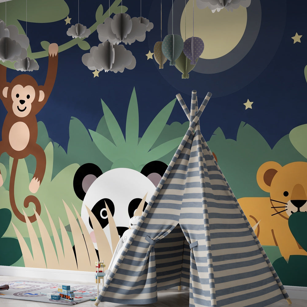 Nocturnal jungle wallpaper with pandas and monkeys decorating cozy children's bedroom space