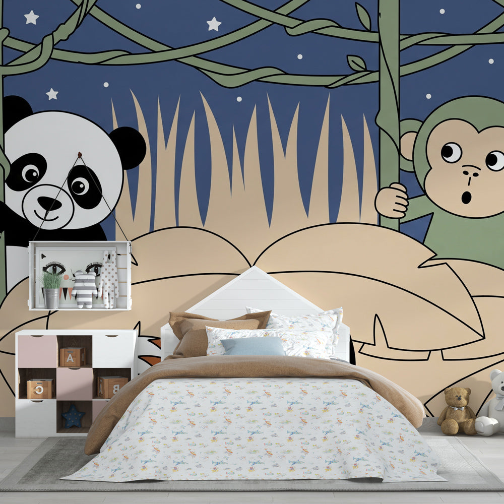 Panda and monkey jungle wallpaper creating magical kids bedroom decor with starry night theme