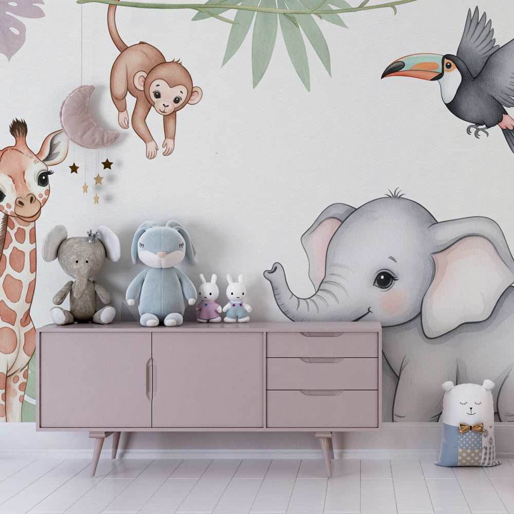 Colorful jungle safari mural wallpaper creating playful kids bedroom atmosphere