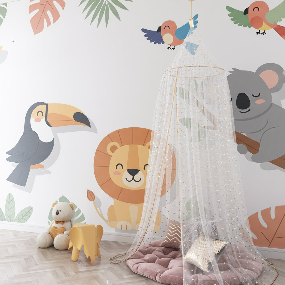 Safari themed kids bedroom featuring tropical animals mural wallpaper with natural wood furniture