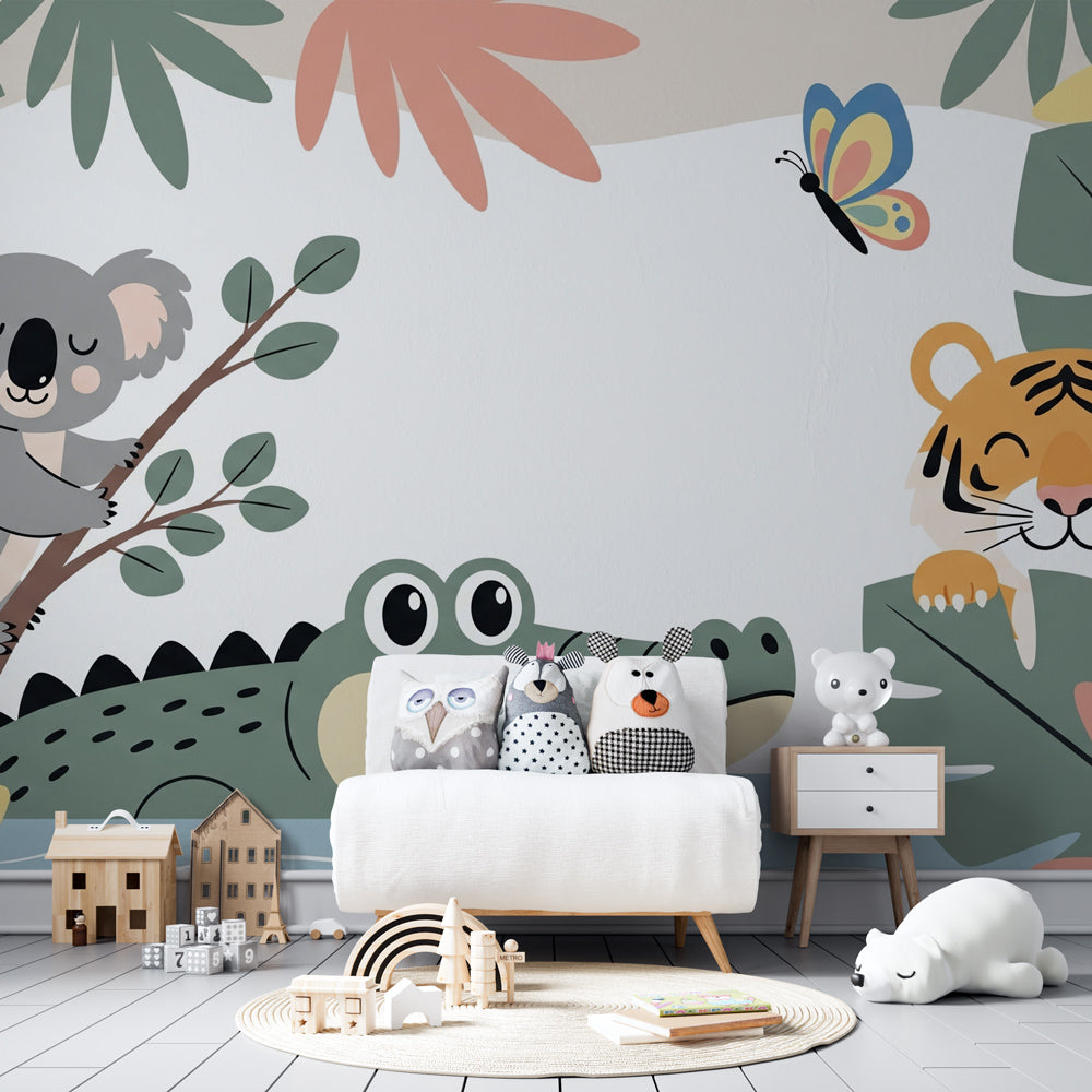 Safari adventure wallpaper creating tropical kids bedroom decor with playful animal characters