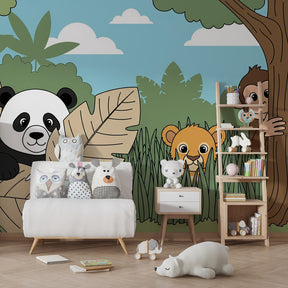 Safari animal wallpaper creating playful kids bedroom decor with panda lion monkey design