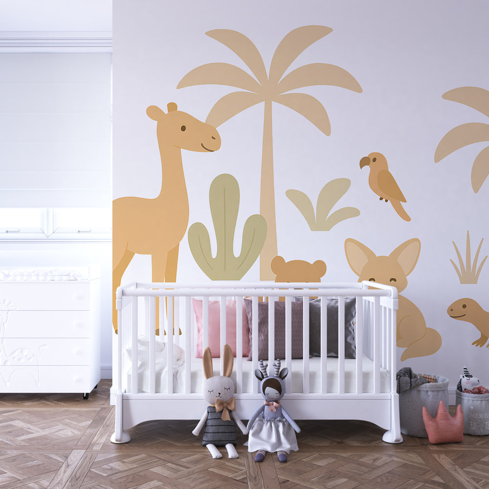 Safari animal wallpaper with bears and fennec foxes in kids bedroom setting by Kids-Mundo