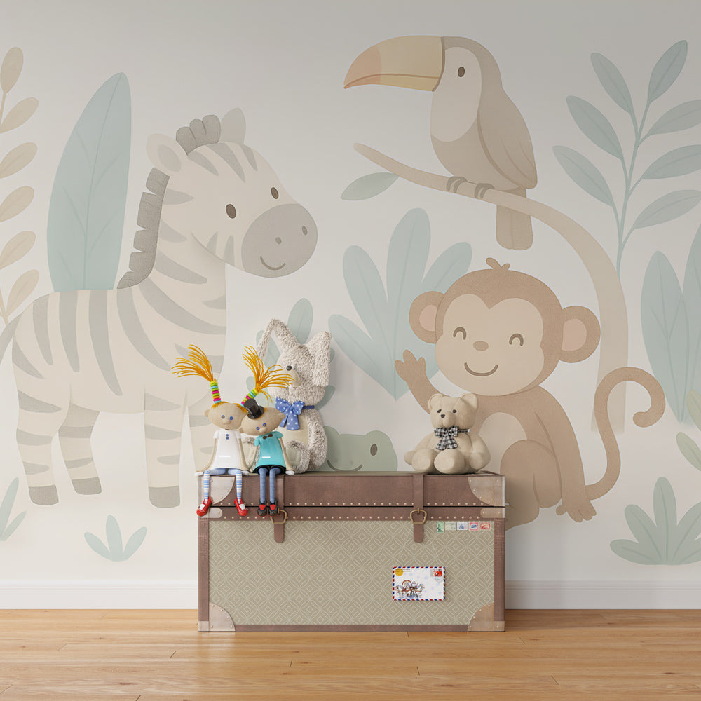 Safari animals wallpaper creating magical kids bedroom with zebra and monkey characters
