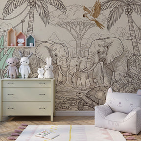 Safari elephant and turtle wallpaper creating adventure-themed children's bedroom decor