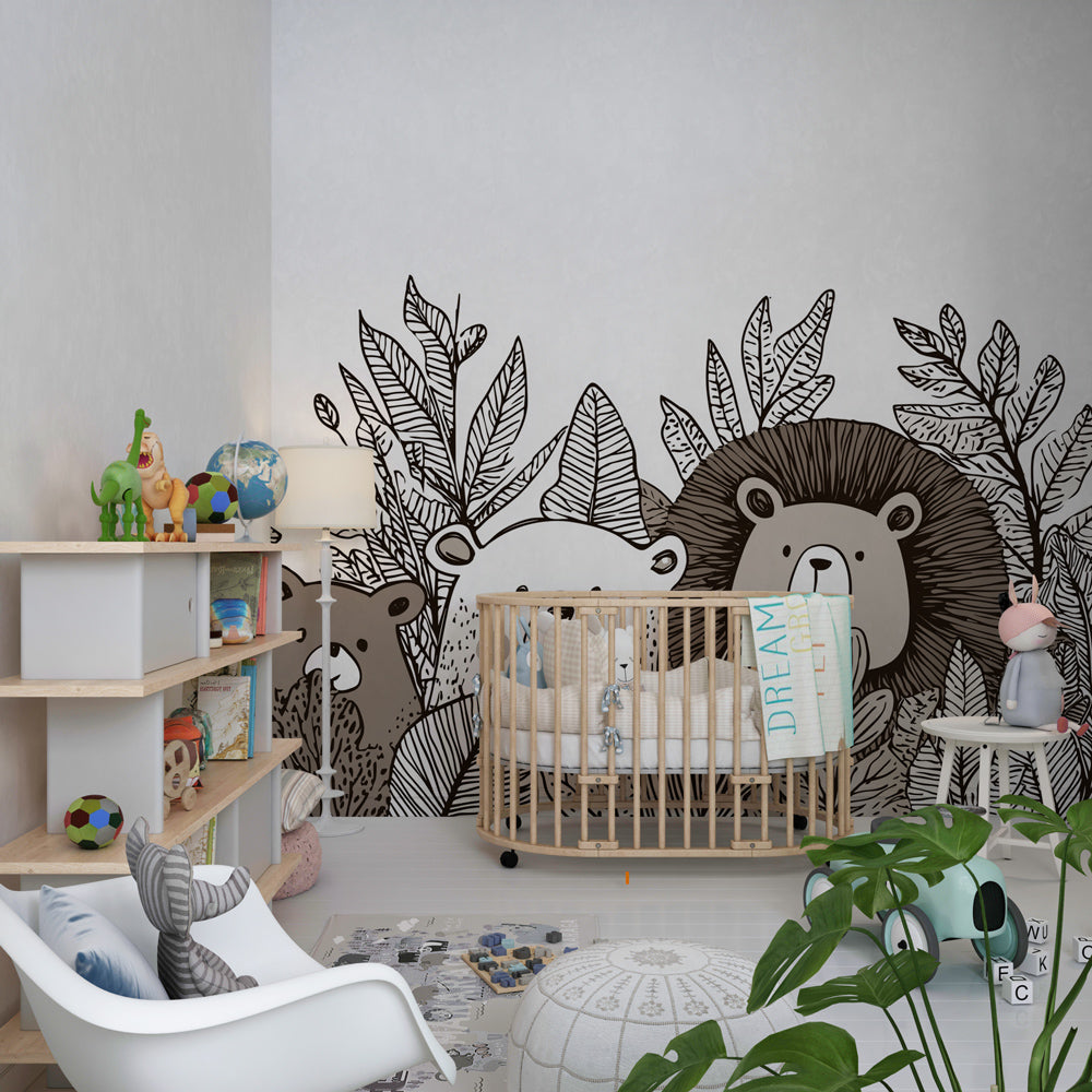 Jungle safari mural wallpaper creating adventurous kids bedroom decor with woodland animals
