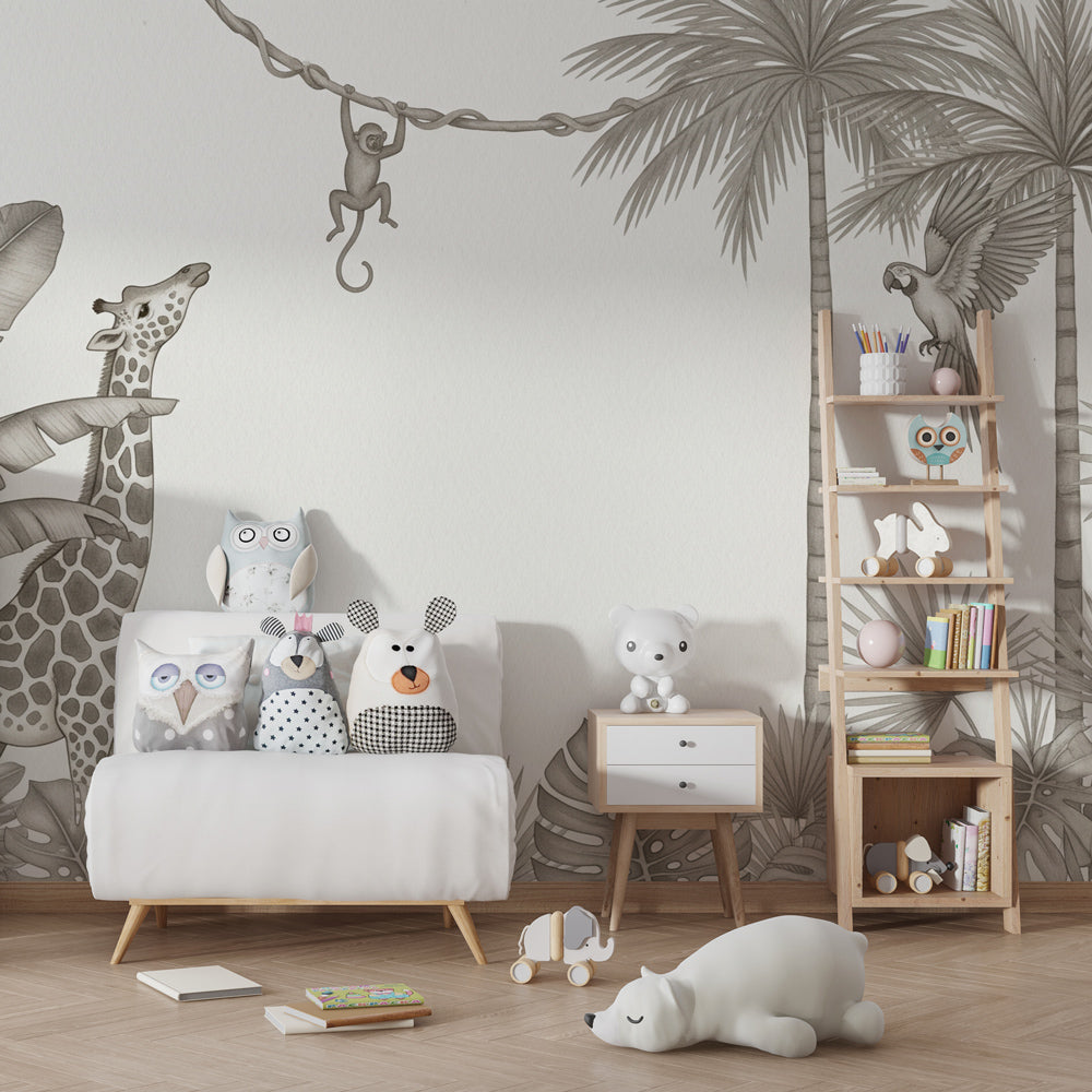 Safari themed mural wallpaper creating peaceful jungle atmosphere in children's bedroom