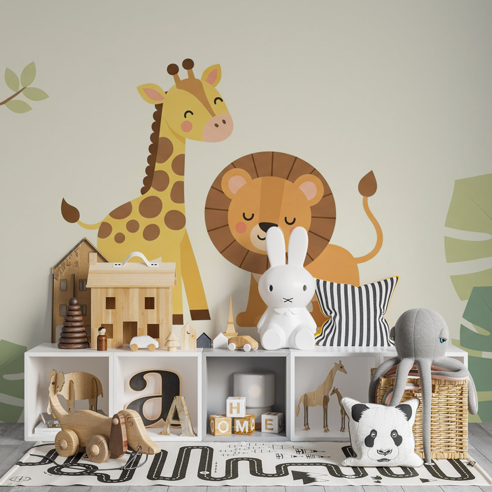 Safari animal wallpaper creating playful kids bedroom decor with tropical jungle theme