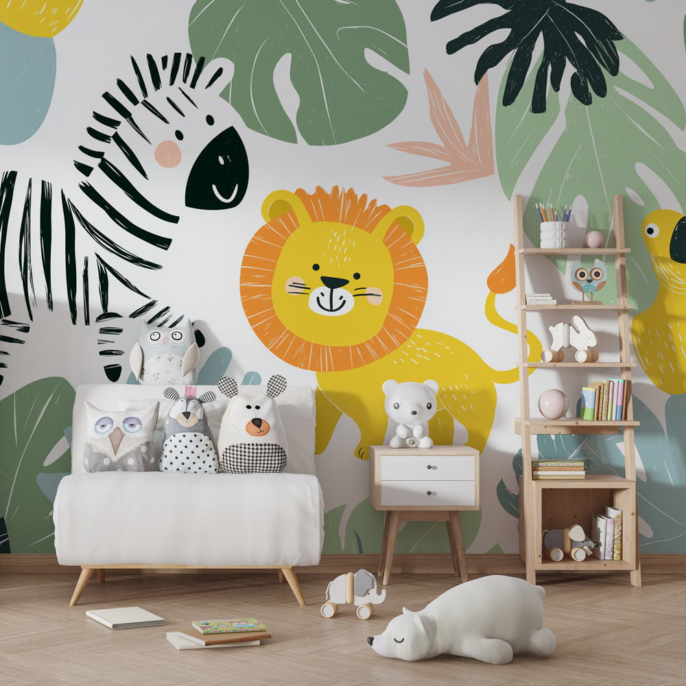 Safari adventure wallpaper creating playful kids bedroom decor with tropical animals