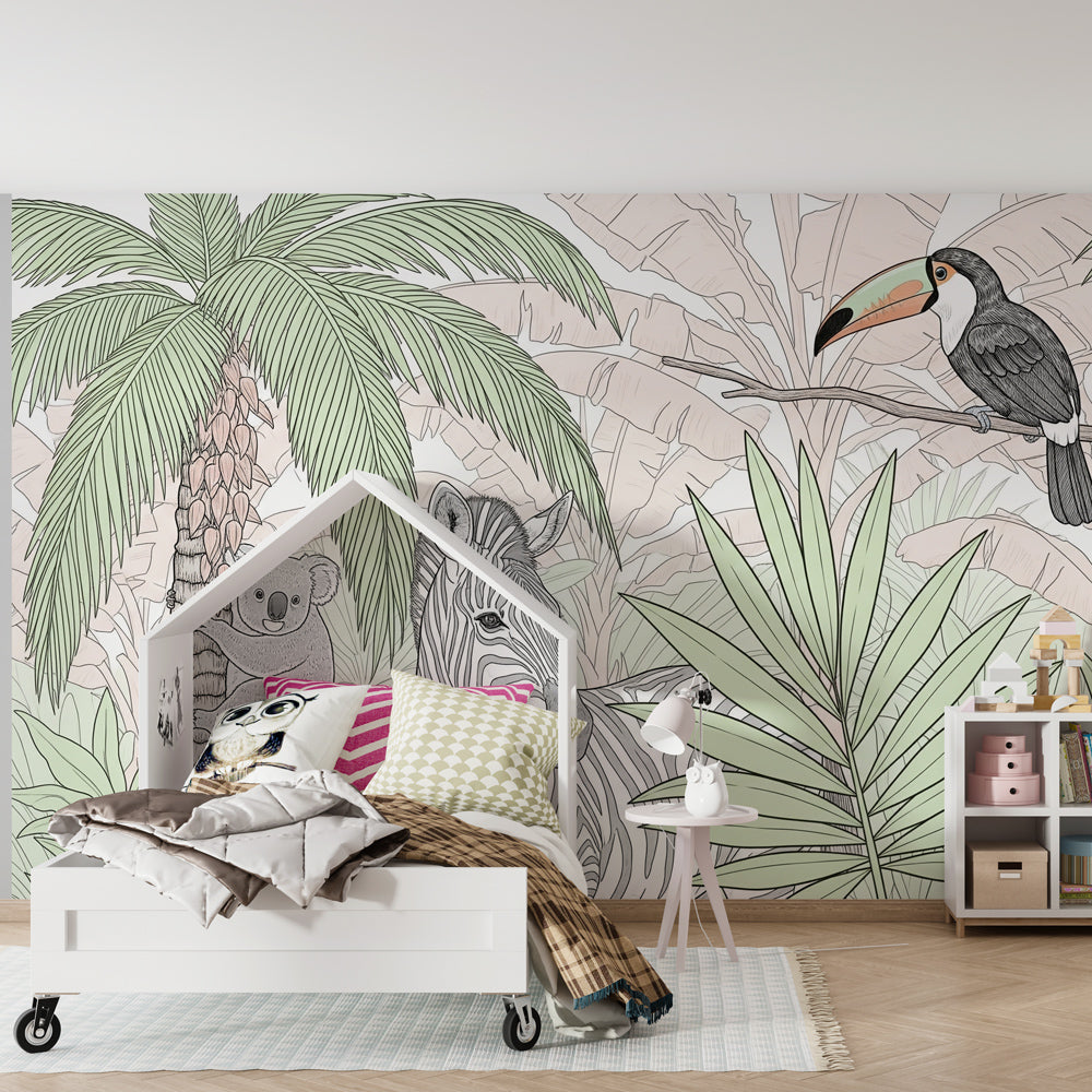 Safari theme wallpaper creating tropical kids bedroom with koala and zebra design